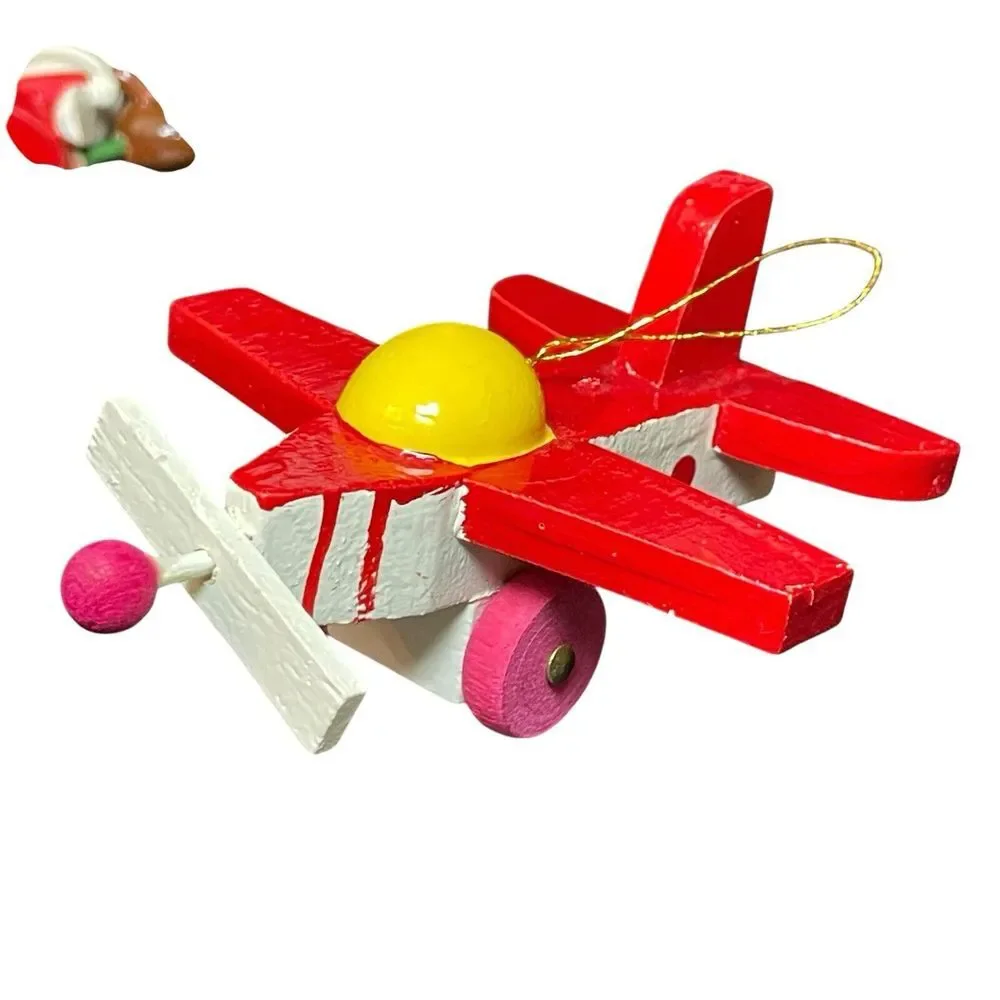 Vintage Lot of 6 Wooden Christmas Ornaments Elephant Airplane Bear Clown‎ Sled